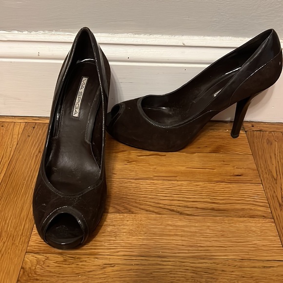 Brown Suede Peep Toe Heels - Picture 2 of 3